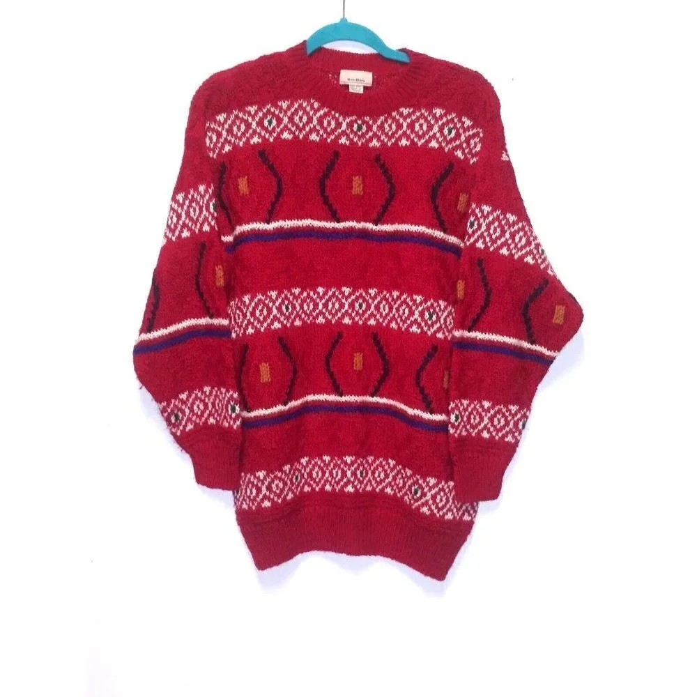 Mark Shale sweater Pure Wool Red pullover geometric print long sleeve bulky cozy